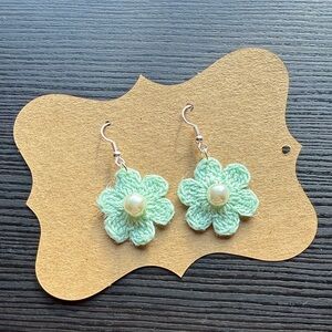 Handmade Mint Green Flower with Pearl Crochet Earrings